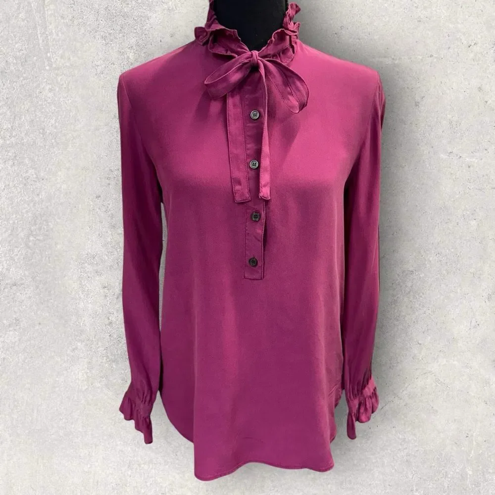 J Crew silk Cottagecore plum colored Romantic tie neck button up sz 00- EUC